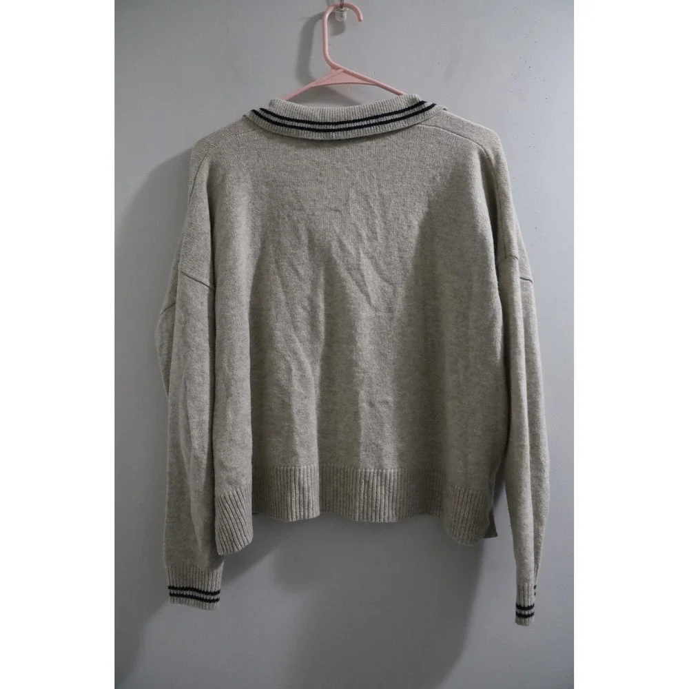 Madewell Merino Wool Blend Polo Sweater Oatmeal Heather Navy Stripe Size M